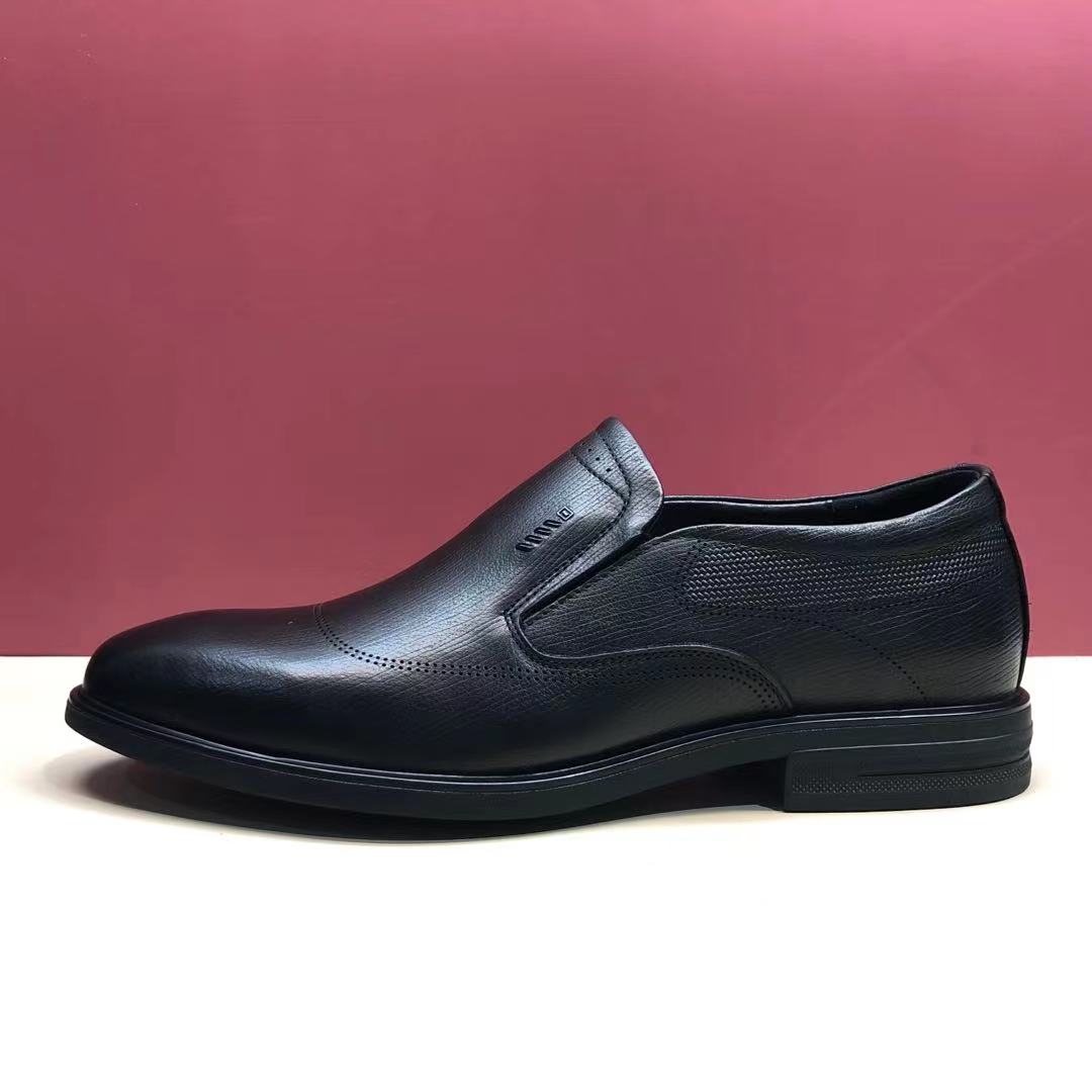 好人缘男鞋2021秋季新款头层牛皮圆头耐磨套脚一脚蹬平跟商务休闲皮鞋