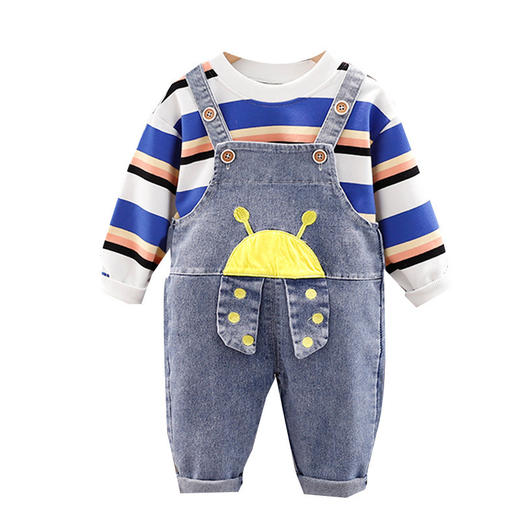 宝宝秋装牛仔背带裤两件套男童套装春秋季1一3岁婴儿童帅气条纹潮 商品图4