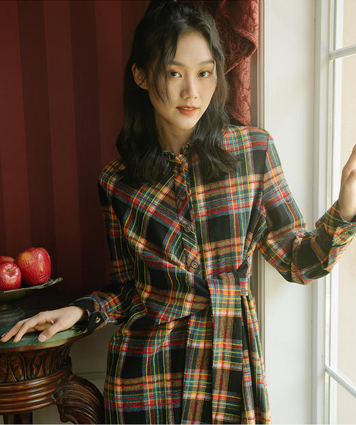 丽迪莎文艺休闲纯棉磨毛格子衬衫连衣裙KE44L1272 商品图1