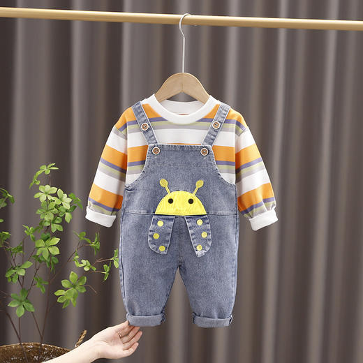 宝宝秋装牛仔背带裤两件套男童套装春秋季1一3岁婴儿童帅气条纹潮 商品图1