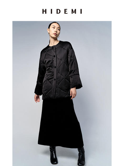 HIDEMI 醋酸系列可拆卸围脖简约设计感菱格棉服大衣 奶昔白/黑色 商品图8