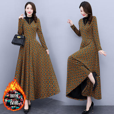 HRYZ7680 连衣裙2021新款洋气气质长裙长袖打底长款中年贵夫人妈妈加绒加厚 商品图1