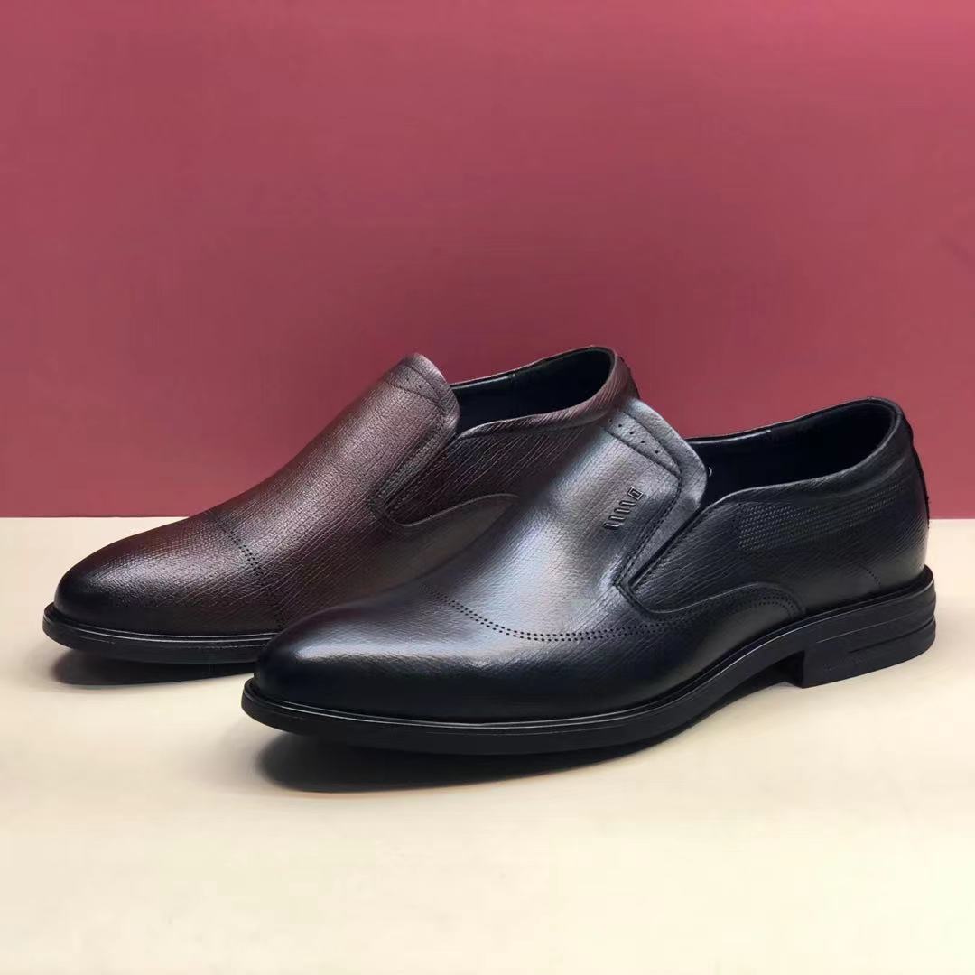 好人缘男鞋2021秋季新款头层牛皮圆头耐磨套脚一脚蹬平跟商务休闲皮鞋