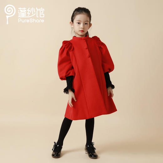 非质量问题不退换哦~PureShare女童公主裙时髦加厚毛呢秋冬款连衣裙-红玫外套 商品图1