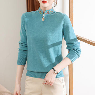 SC- U1718 秋冬羊毛衫上衣女2021新款半高立领纯色绣花长袖针织打底衫羊毛衣 商品图4
