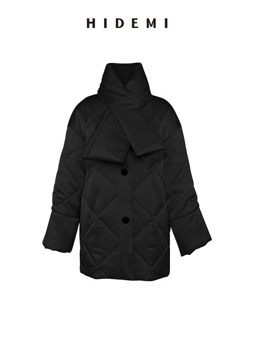 HIDEMI 醋酸系列可拆卸围脖简约设计感菱格棉服大衣 奶昔白/黑色 商品图14