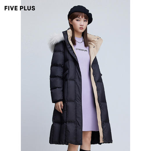 FIVE PLUS2021新款女冬装连帽貉子毛领羽绒服女宽松直筒中长外套2NN4333340 商品图2