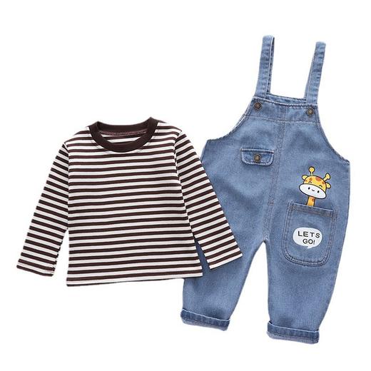 中小童背带裤套装儿童秋装卡通印花长裤条纹长袖T恤童装 商品图4