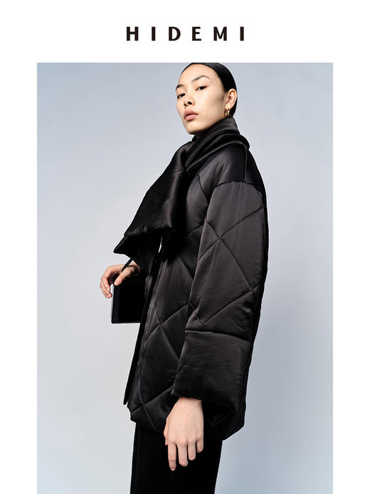 HIDEMI 醋酸系列可拆卸围脖简约设计感菱格棉服大衣 奶昔白/黑色 商品图10