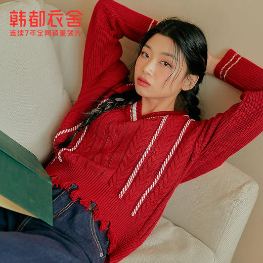 韩都衣舍新年毛衣红色女2021春新款V领宽松慵懒针织衫RE7448 商品图0