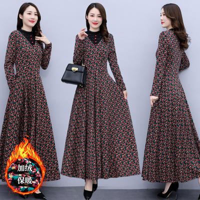 HRYZ7680 连衣裙2021新款洋气气质长裙长袖打底长款中年贵夫人妈妈加绒加厚 商品图2