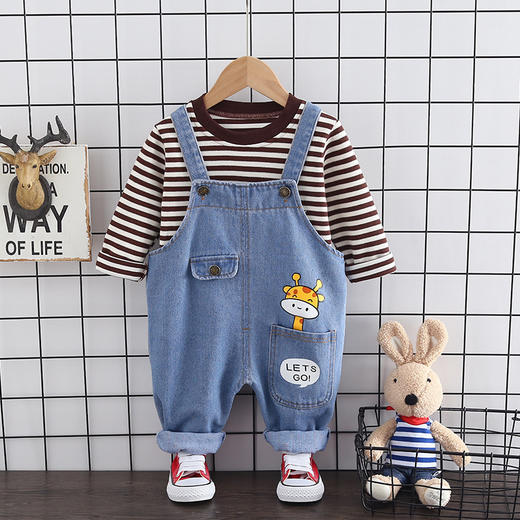 中小童背带裤套装儿童秋装卡通印花长裤条纹长袖T恤童装 商品图1