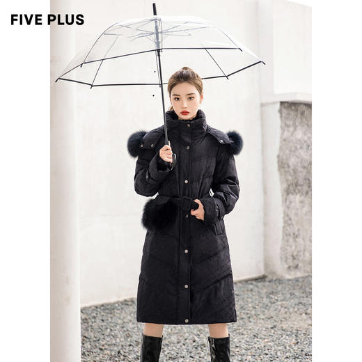 FIVE PLUS2021新款女冬装宽松貉子毛领羽绒服女字母提花中长外套2NN4331300 商品图2