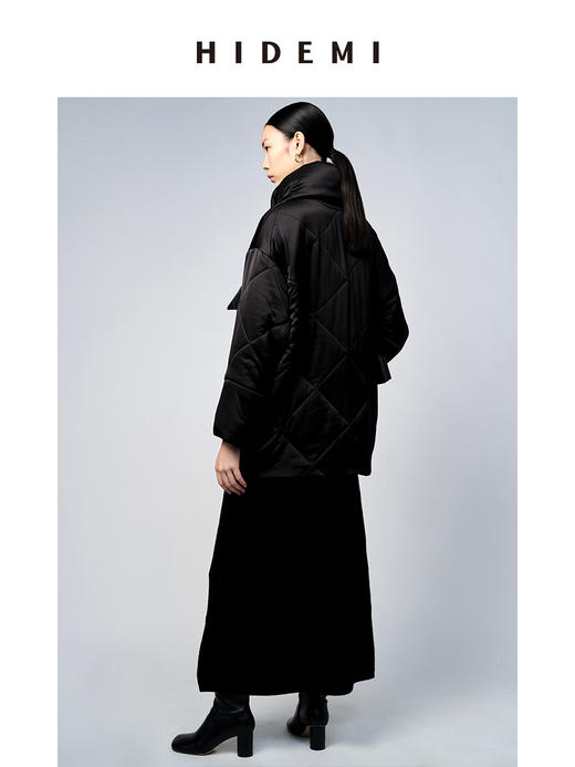 HIDEMI 醋酸系列可拆卸围脖简约设计感菱格棉服大衣 奶昔白/黑色 商品图12