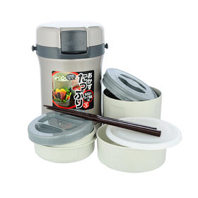 【6F】虎牌丨304不锈钢真空便当盒扣环式隔热多层附提袋 LWU-B17C 银灰色