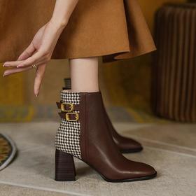 法式复古，格子拼色高跟短靴马丁靴MCC-C1553