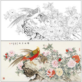 【有步骤】陈军横幅工笔画白描底稿《锦羽呈瑞》锦鸡牡丹初学者临摹花鸟线稿CJ25