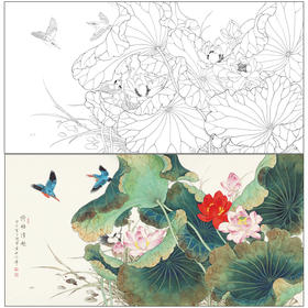 【有步骤】陈军横幅工笔画白描底稿《荷塘嬉戏》荷花翠鸟初学者临摹花鸟线稿CJ01