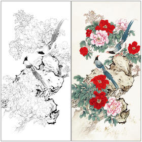 【有步骤】陈军四尺工笔画白描底稿《富贵吉祥》牡丹初学者临摹花鸟线稿CJ07