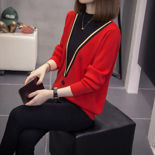 NYL70580新款时尚洋气宽松立领长袖撞色拼接针织衫 商品图2