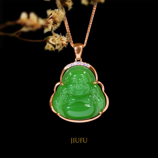 18k玫瑰金和田玉碧玉镶钻吊坠玉佛苹果绿