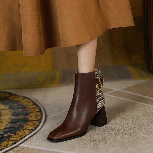法式复古，格子拼色高跟短靴马丁靴MCC-C1553 商品图1