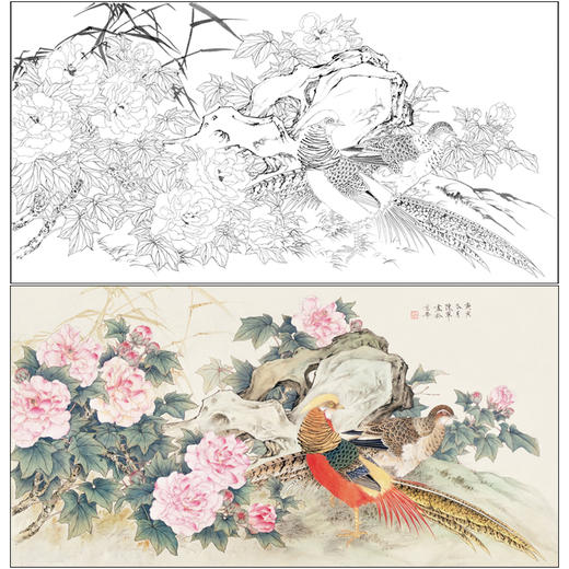 【有步骤】陈军四尺横幅工笔画白描底稿《水畔荣花》锦鸡初学者临摹花鸟线稿CJ19 商品图0