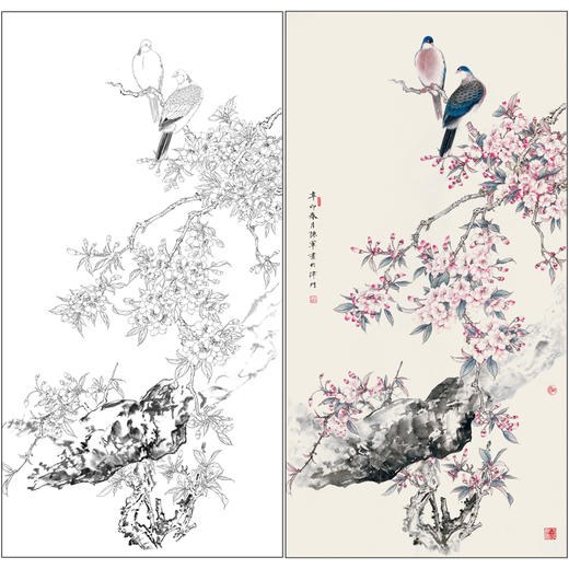 【有步骤】陈军工笔画白描底稿《春色满园》斑鸠海棠花初学者临摹花鸟线稿CJ15 商品图0