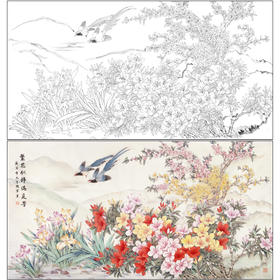 【有步骤】陈军横幅工笔画白描底稿《繁花似锦》蓝鹊杜鹃花初学者临摹花鸟线稿CJ16
