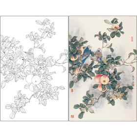 【有步骤】陈军工笔画白描底稿《佳果珍禽》桃花树小鸟初学者临摹花鸟线稿CJ18