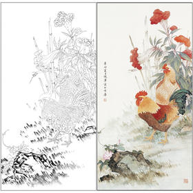 【有步骤】陈军工笔画白描底稿《冠上加冠》公鸡牵牛花初学者临摹花鸟线稿CJ21