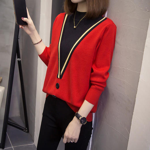 NYL70580新款时尚洋气宽松立领长袖撞色拼接针织衫 商品图0