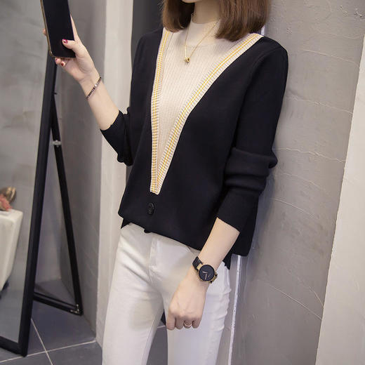 NYL70580新款时尚洋气宽松立领长袖撞色拼接针织衫 商品图1