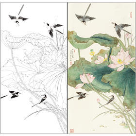 【有步骤】陈军四尺工笔画白描底稿《花间鸣唱》荷花鹡鸰鸟初学者临摹花鸟线稿CJ03