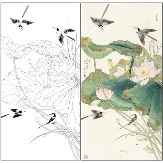 有步骤陈军竖幅工笔花鸟画白描底稿荷花鹡鸰鸟花间鸣唱有步骤图可选cj