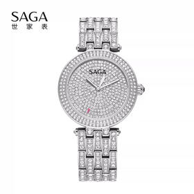 SAGA世家手表满钻女士腕表大表盘轻奢时尚潮流-银色