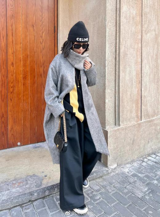 HIDEMI 水墨灰马海毛可拆卸围巾设计感长款茧型两件套大衣 商品图1