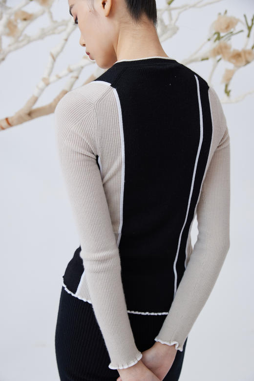  精纺羊绒V领修身撞色女套衫 SJF93W209N 商品图1