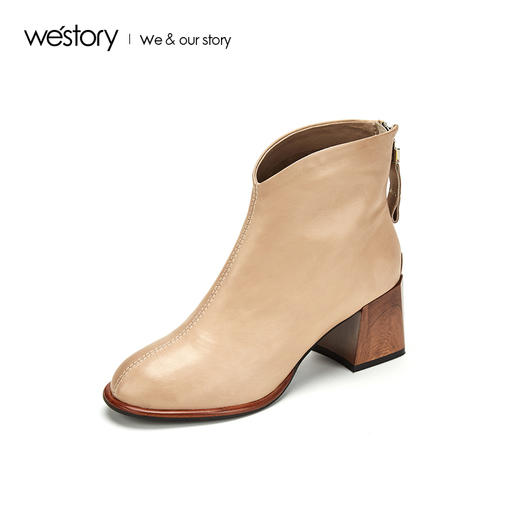 westory2019秋冬新品时尚后拉链方跟短筒靴女简约日常W29DS80181 商品图0