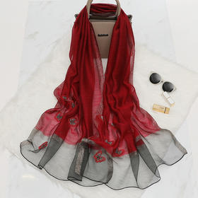 新款真丝羊毛混纺绣花围巾 刺绣蝴蝶丝毛丝巾披肩QM000303