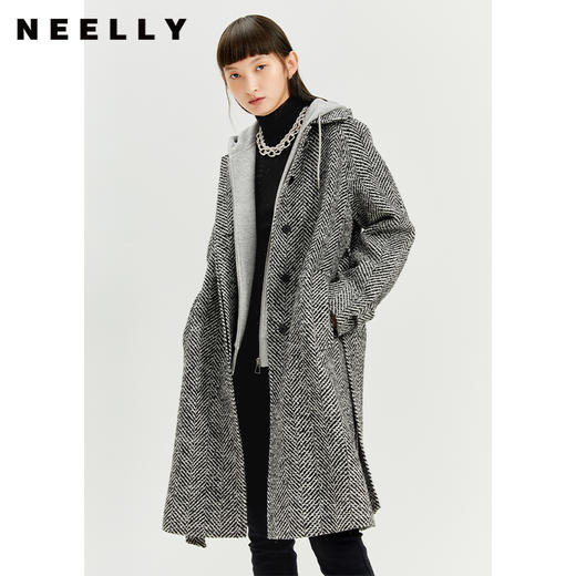 NEELLY纳俪气质翻领人字纹大衣女冬季中长款羊毛毛呢外套时尚百搭N21111G01109 商品图1