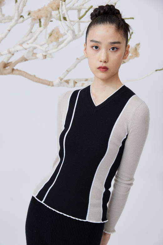  精纺羊绒V领修身撞色女套衫 SJF93W209N 商品图0
