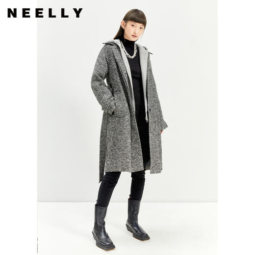 NEELLY纳俪气质翻领人字纹大衣女冬季中长款羊毛毛呢外套时尚百搭N21111G01109 商品图3