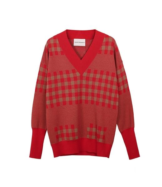 V领格纹针织上衣 商品图0
