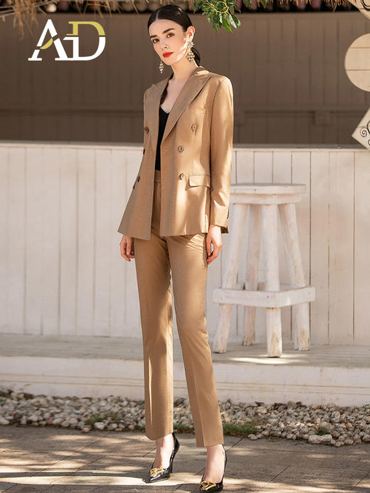 AD高端卡其色干练西装套装女春秋英伦风双排扣时尚职业装气质工装 商品图3