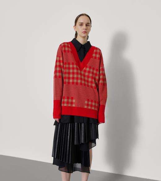 V领格纹针织上衣 商品图2