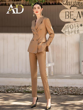 AD高端卡其色干练西装套装女春秋英伦风双排扣时尚职业装气质工装