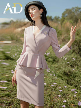 洋气紫色职业装气质女神范秋装女法式连衣裙工作服