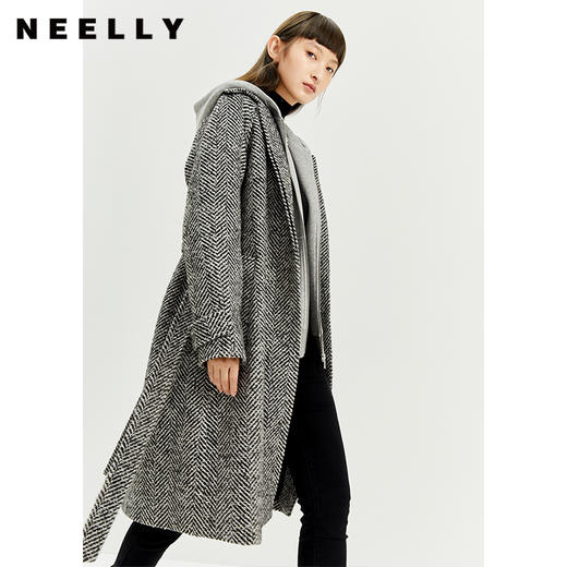 NEELLY纳俪气质翻领人字纹大衣女冬季中长款羊毛毛呢外套时尚百搭N21111G01109 商品图0