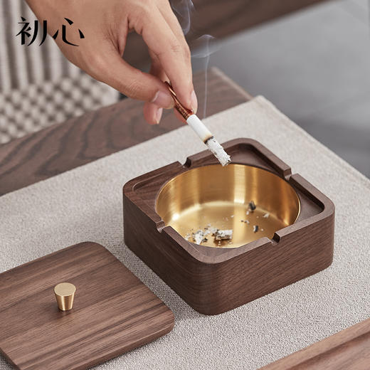初心| 实木烟灰缸榉木黑胡桃木不锈钢 商品图1